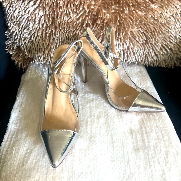 COPY - Liliana ankle strap metallic sling back heel / clear pointy toe pumps - Picture 3 of 10